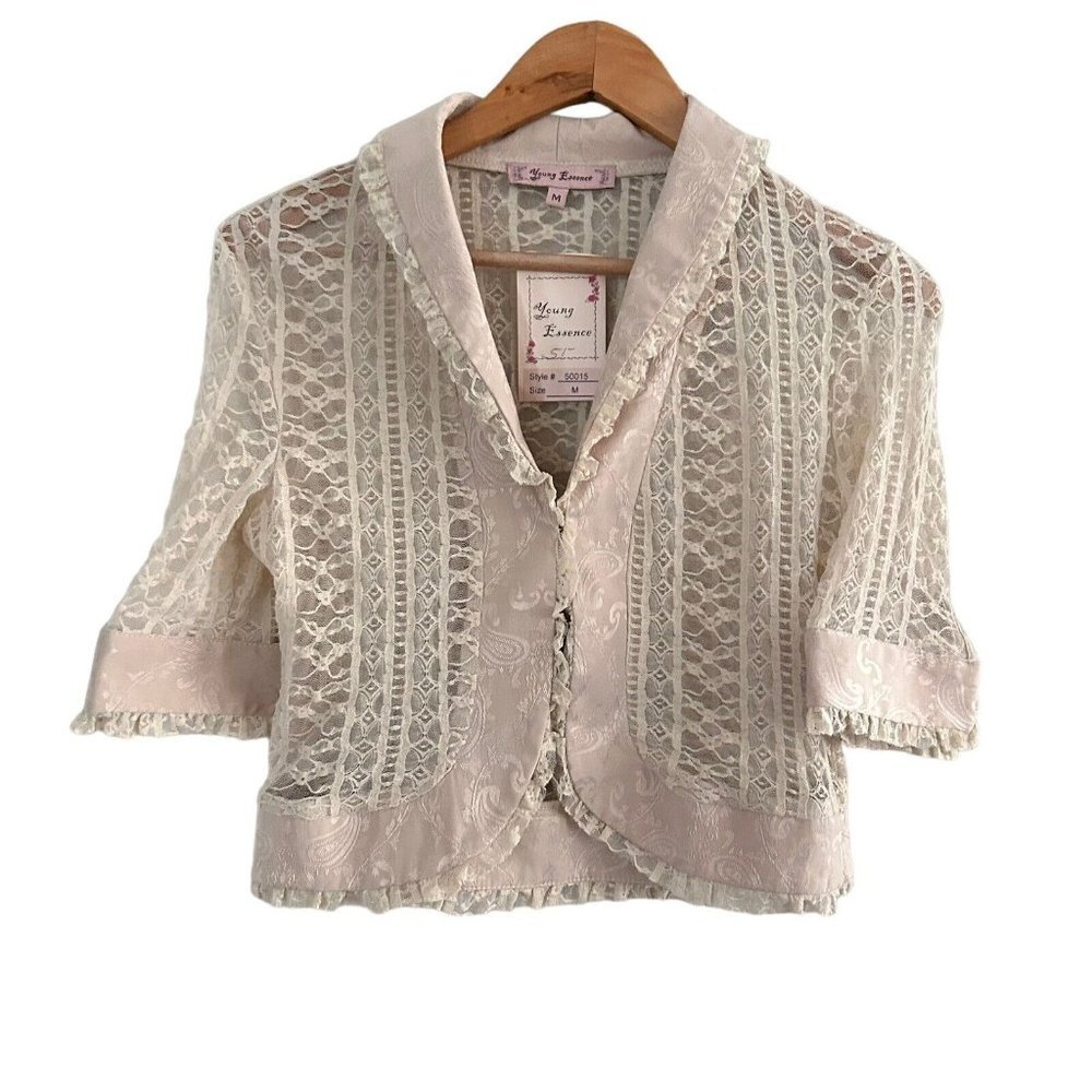 Young Essence Lace Jacket NWT Cream Beige Size M Sheer Single Snap Close